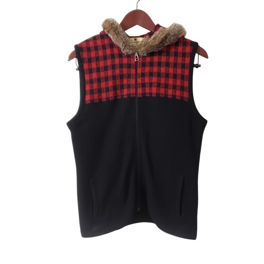Woolrich Womens Buffalo‎ Plaid Lambswool Sweater Vest Faux Fur Hood Sz Medium